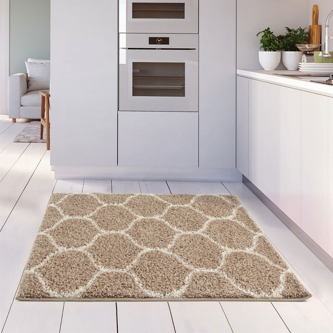 Trellis Design Thick Shaggy Area Rugs Beige