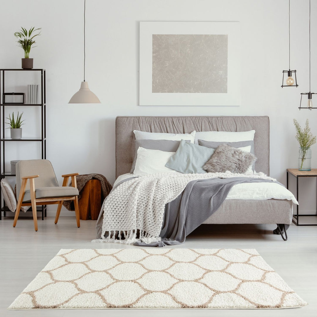 Trellis Design Thick Shaggy Area Rugs Ivory Beige