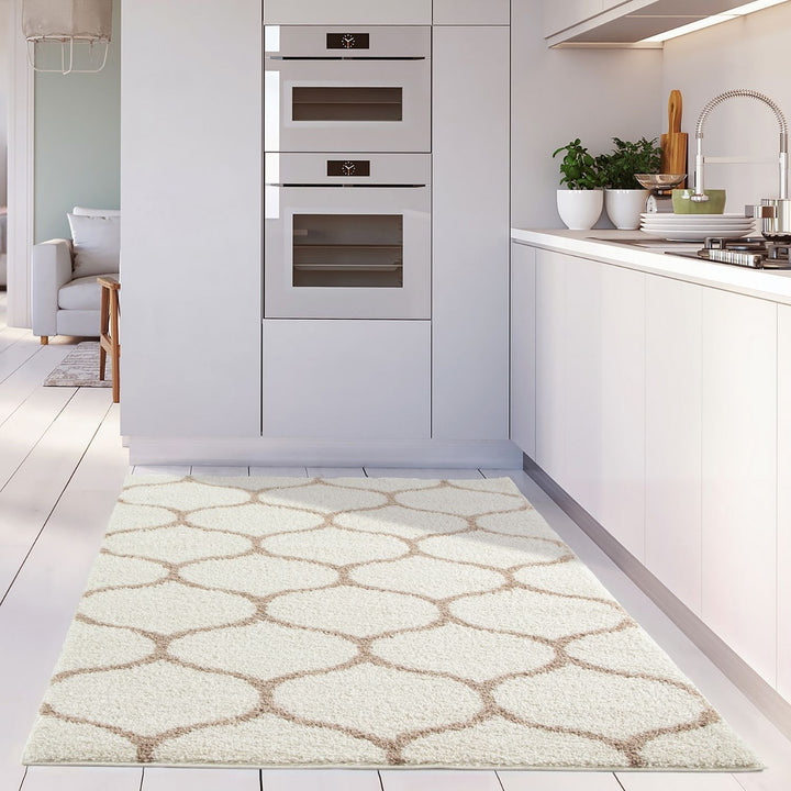 Trellis Design Thick Shaggy Area Rugs Ivory Beige