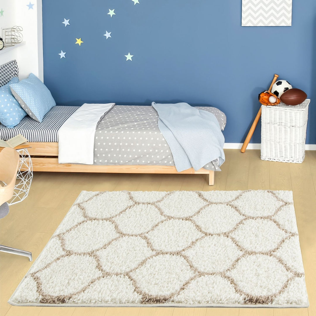 Trellis Design Thick Shaggy Area Rugs Ivory Beige