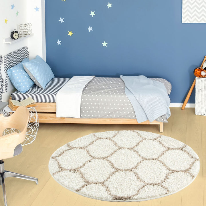 Trellis Design Thick Shaggy Area Rugs Ivory Beige