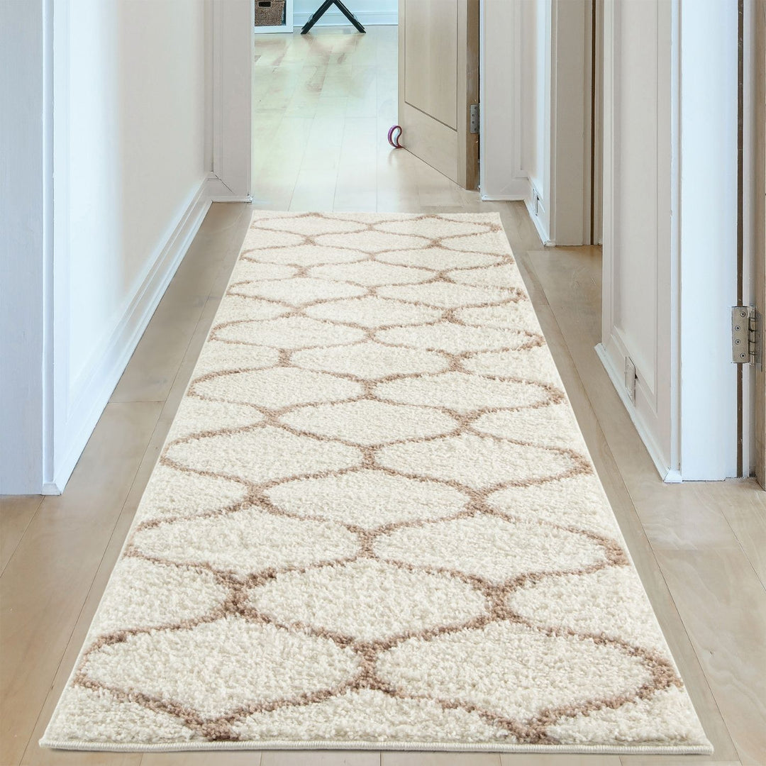 Trellis Design Thick Shaggy Area Rugs Ivory Beige