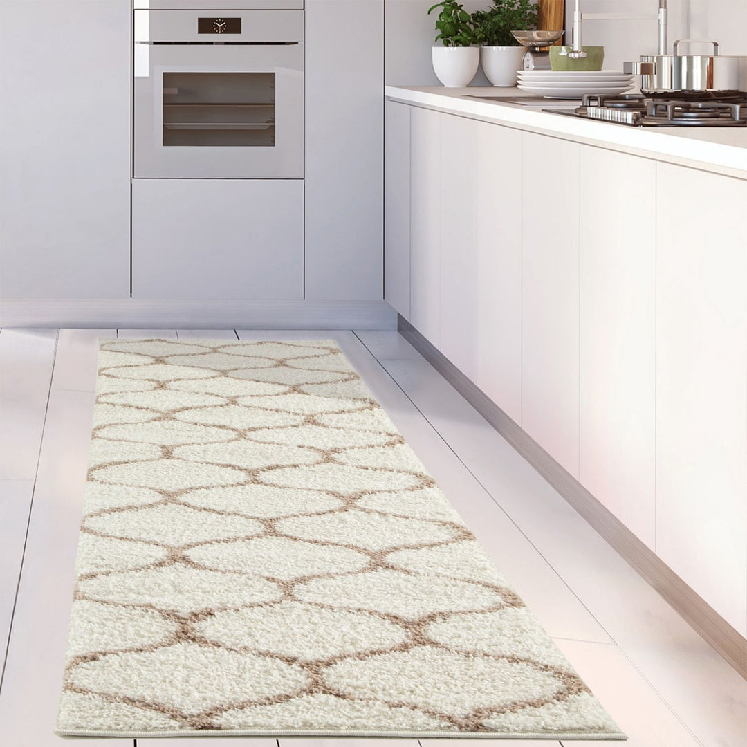Trellis Design Thick Shaggy Area Rugs Ivory Beige