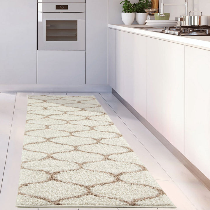 Trellis Design Thick Shaggy Area Rugs Ivory Beige
