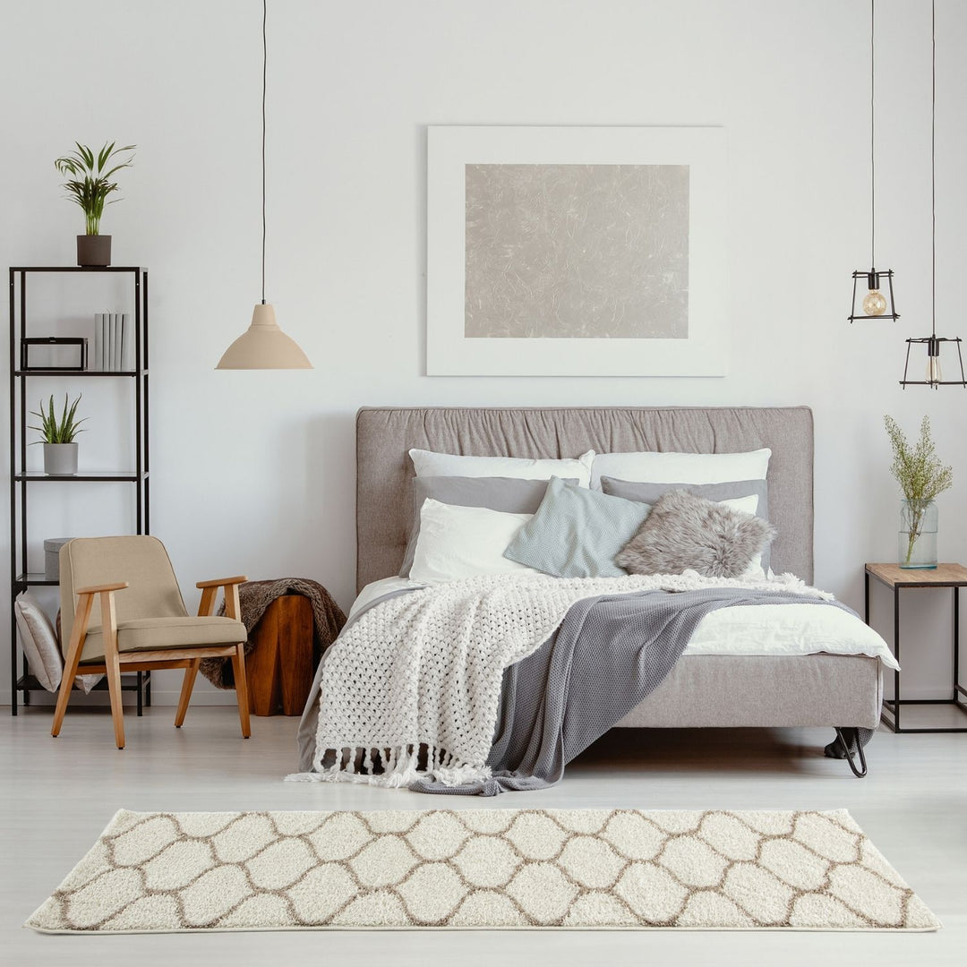 Trellis Design Thick Shaggy Area Rugs Ivory Beige