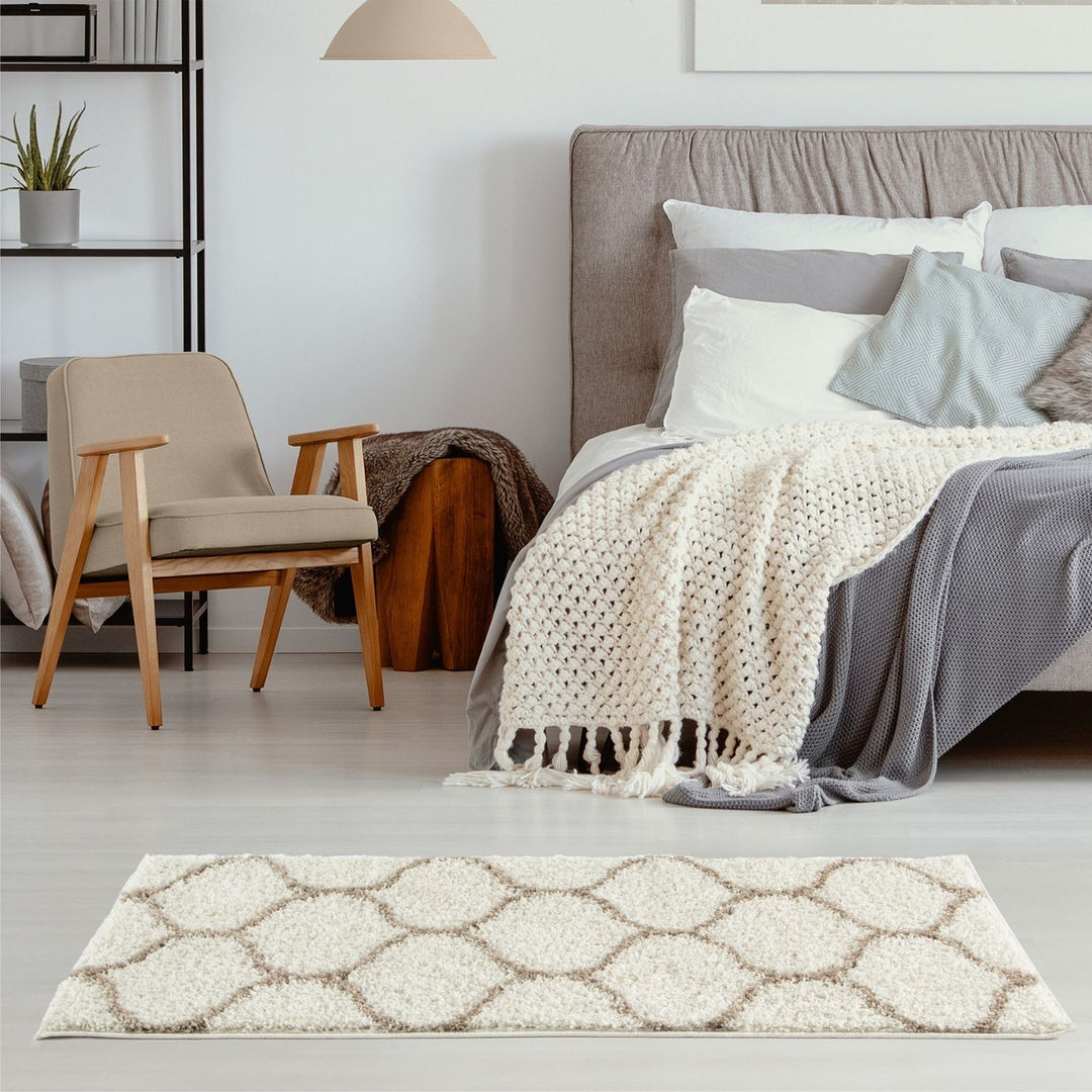 Trellis Design Thick Shaggy Area Rugs Ivory Beige