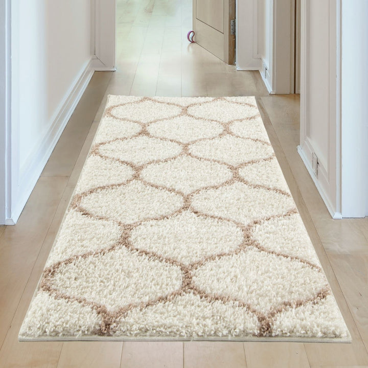 Trellis Design Thick Shaggy Area Rugs Ivory Beige