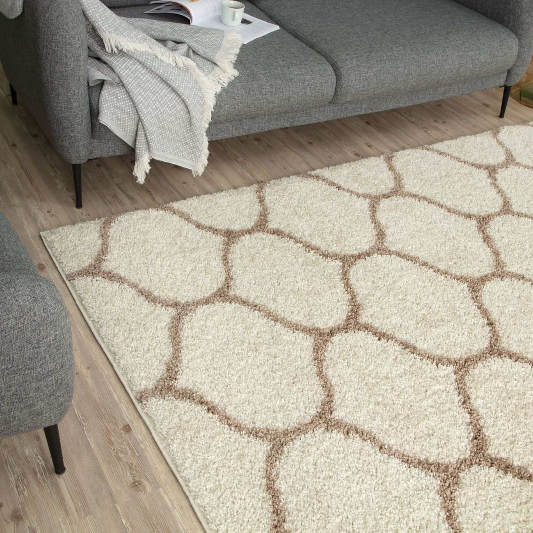 Trellis Design Thick Shaggy Area Rugs Ivory Beige