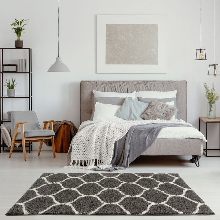 Trellis Design Thick Shaggy Area Rugs Dark Grey