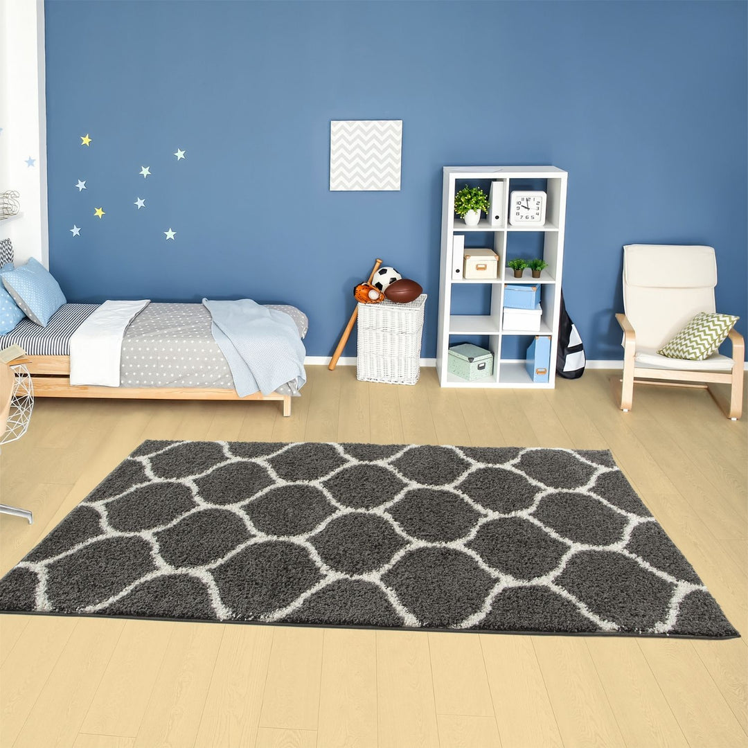 Trellis Design Thick Shaggy Area Rugs Dark Grey