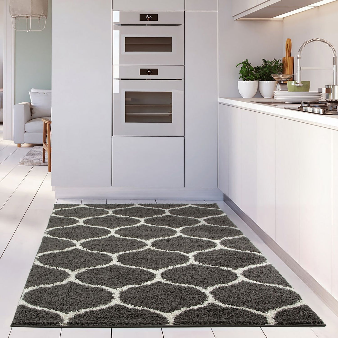 Trellis Design Thick Shaggy Area Rugs Dark Grey