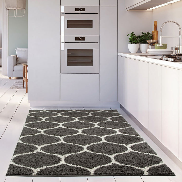 Trellis Design Thick Shaggy Area Rugs Dark Grey