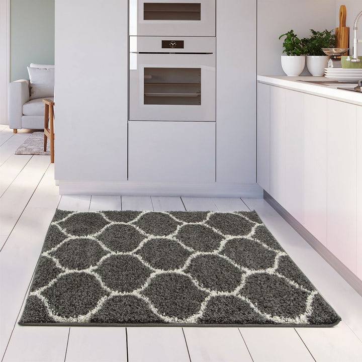 Trellis Design Thick Shaggy Area Rugs Dark Grey