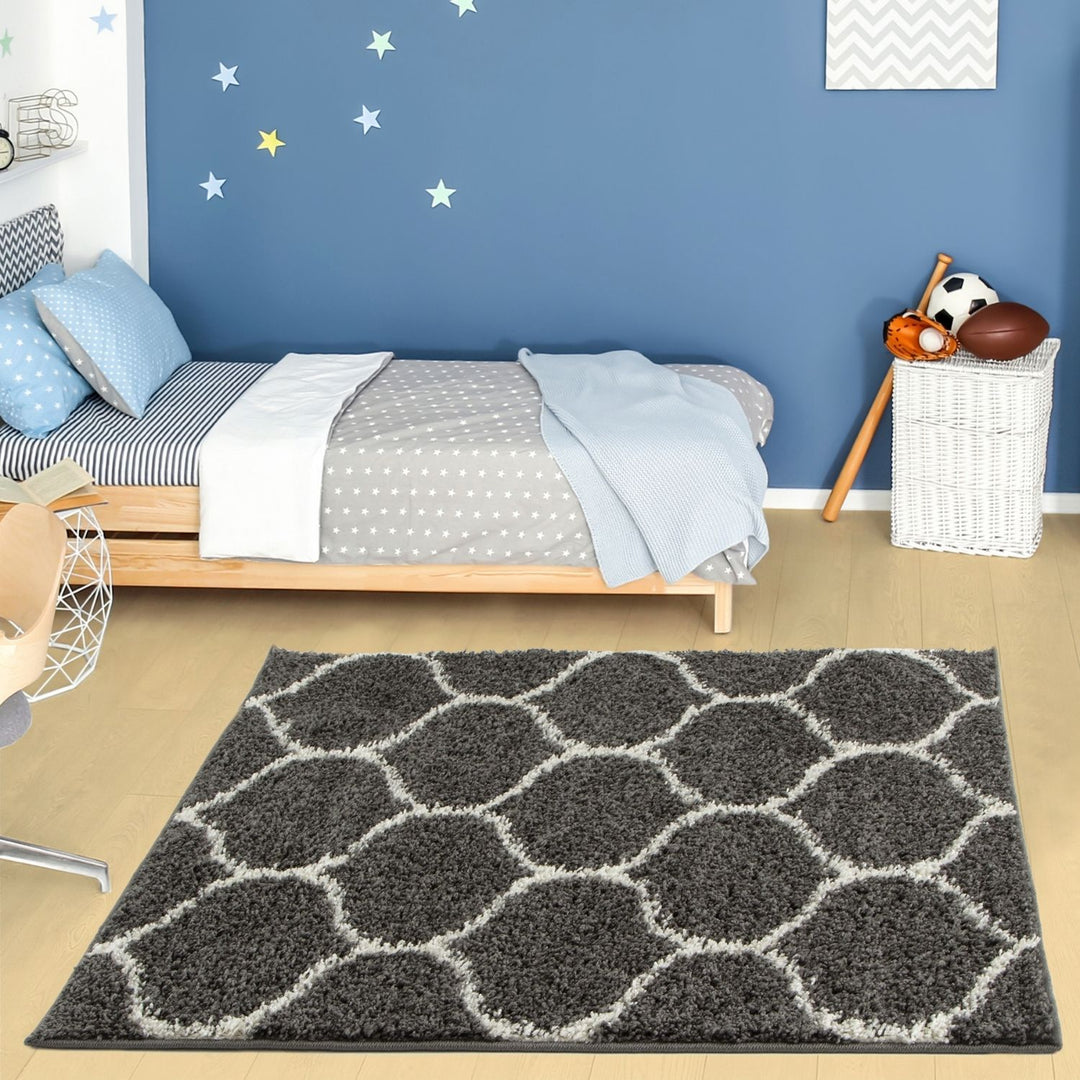 Trellis Design Thick Shaggy Area Rugs Dark Grey