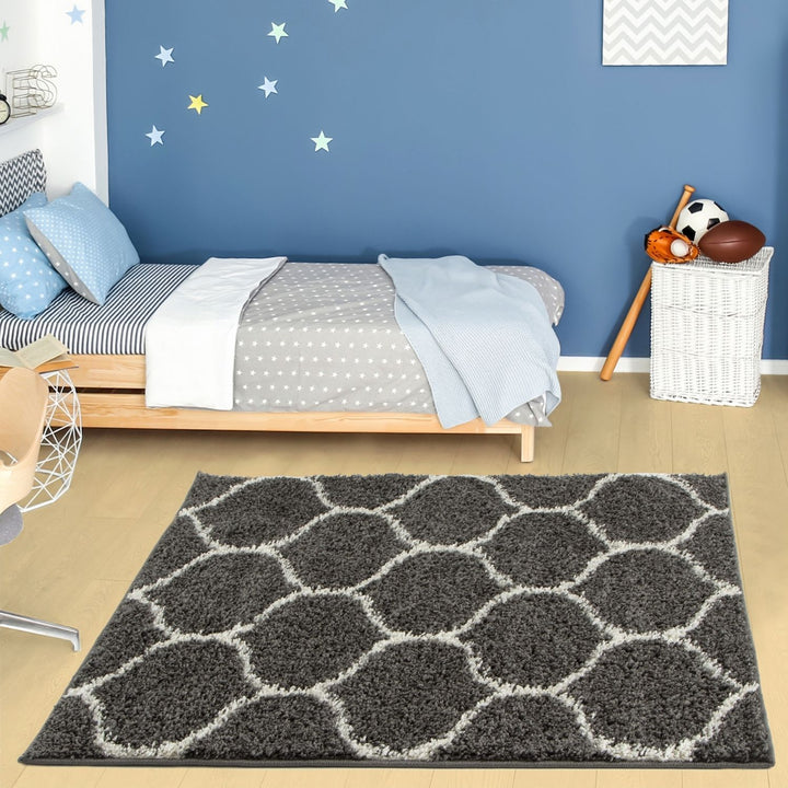 Trellis Design Thick Shaggy Area Rugs Dark Grey