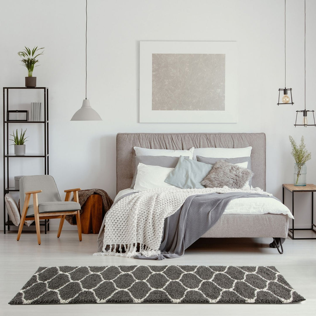 Trellis Design Thick Shaggy Area Rugs Dark Grey