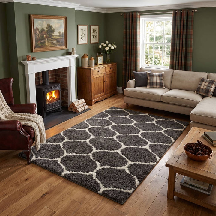 Trellis Design Thick Shaggy Area Rugs Dark Grey