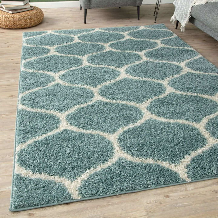 Trellis Design Thick Shaggy Area Rugs Duck Egg Blue