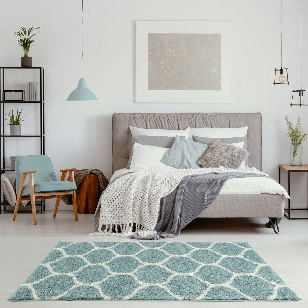 Trellis Design Thick Shaggy Area Rugs Duck Egg Blue