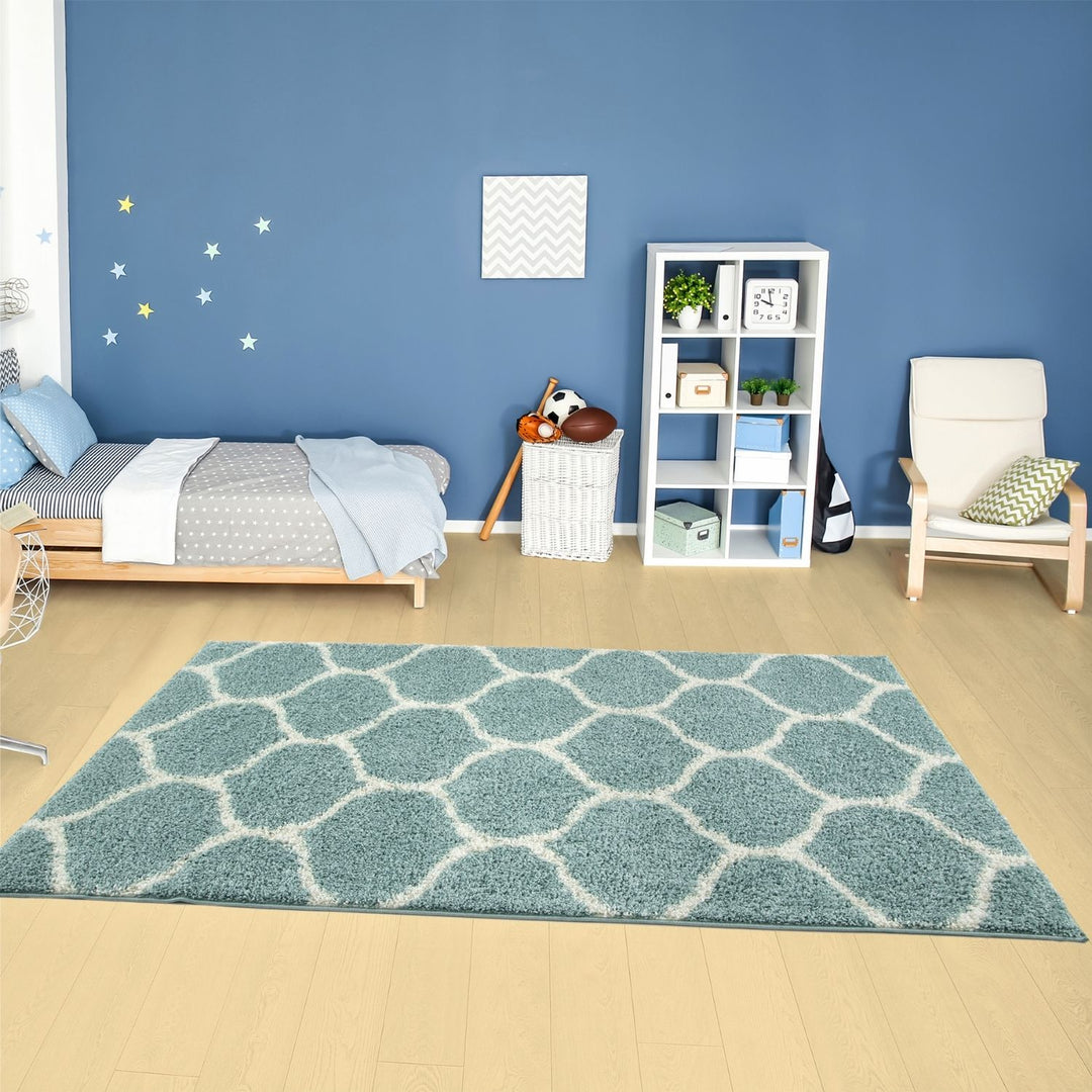 Trellis Design Thick Shaggy Area Rugs Duck Egg Blue