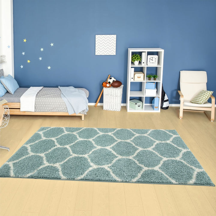 Trellis Design Thick Shaggy Area Rugs Duck Egg Blue