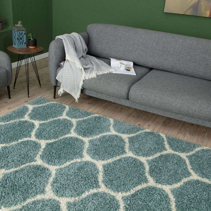 Trellis Design Thick Shaggy Area Rugs Duck Egg Blue