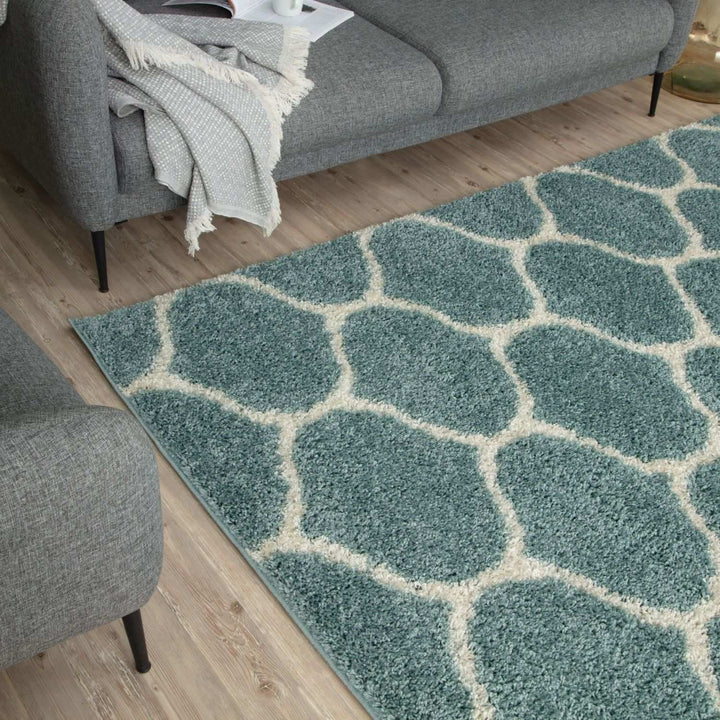 Trellis Design Thick Shaggy Area Rugs Duck Egg Blue