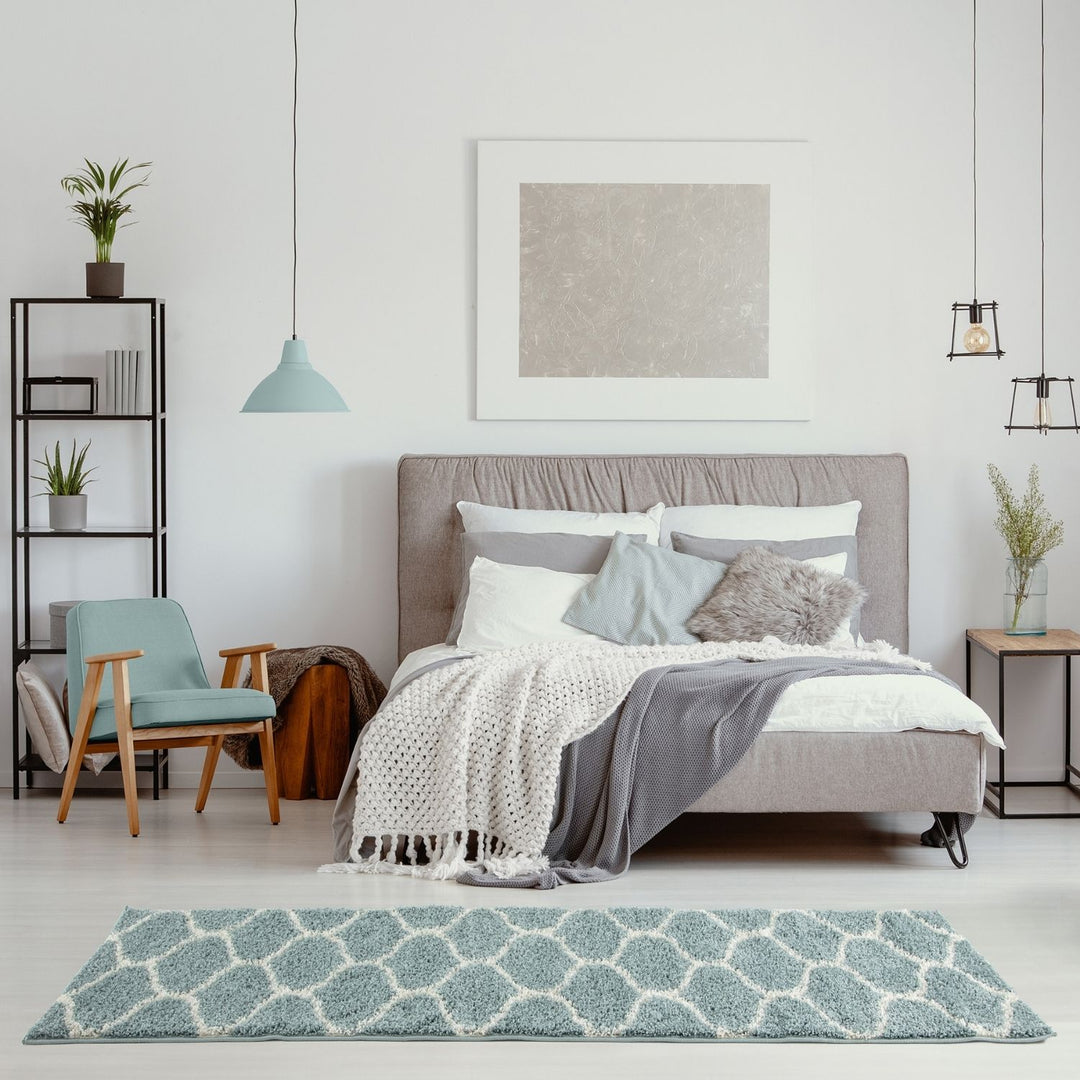 Trellis Design Thick Shaggy Area Rugs Duck Egg Blue
