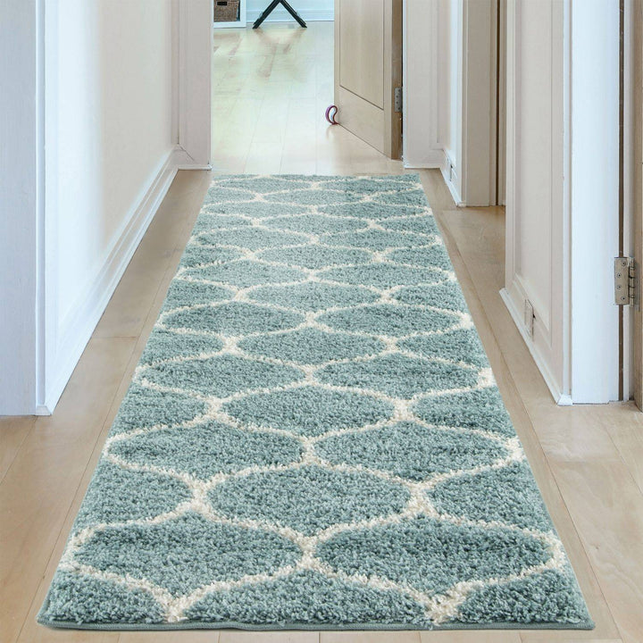 Trellis Design Thick Shaggy Area Rugs Duck Egg Blue