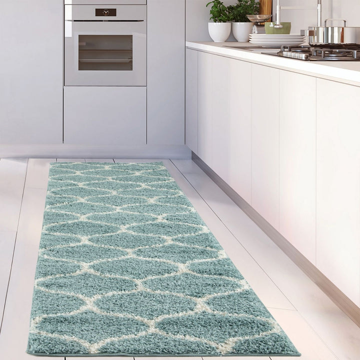 Trellis Design Thick Shaggy Area Rugs Duck Egg Blue