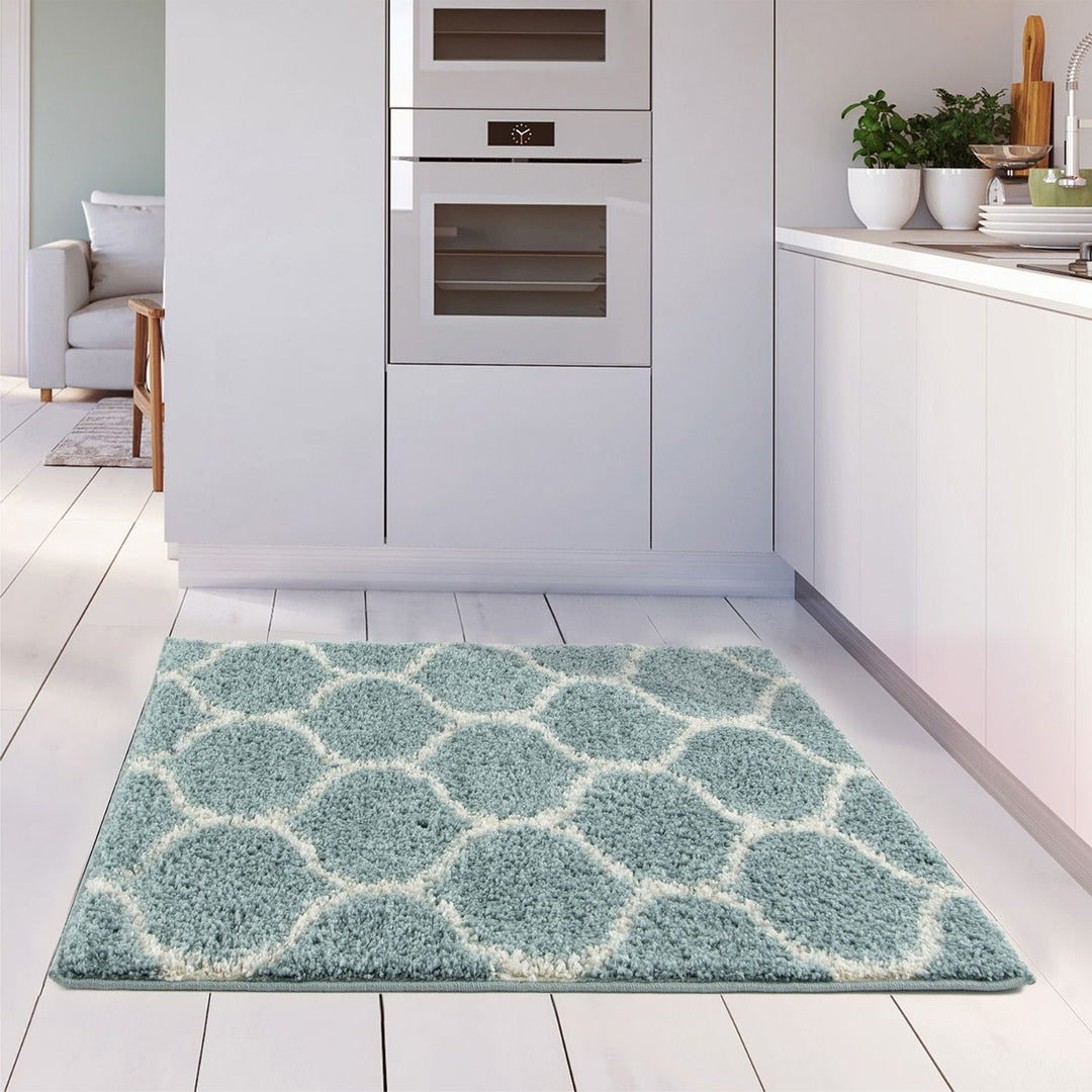 Trellis Design Thick Shaggy Area Rugs Duck Egg Blue