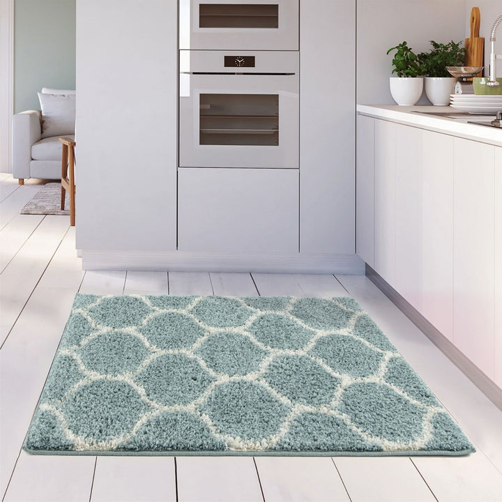 Trellis Design Thick Shaggy Area Rugs Duck Egg Blue