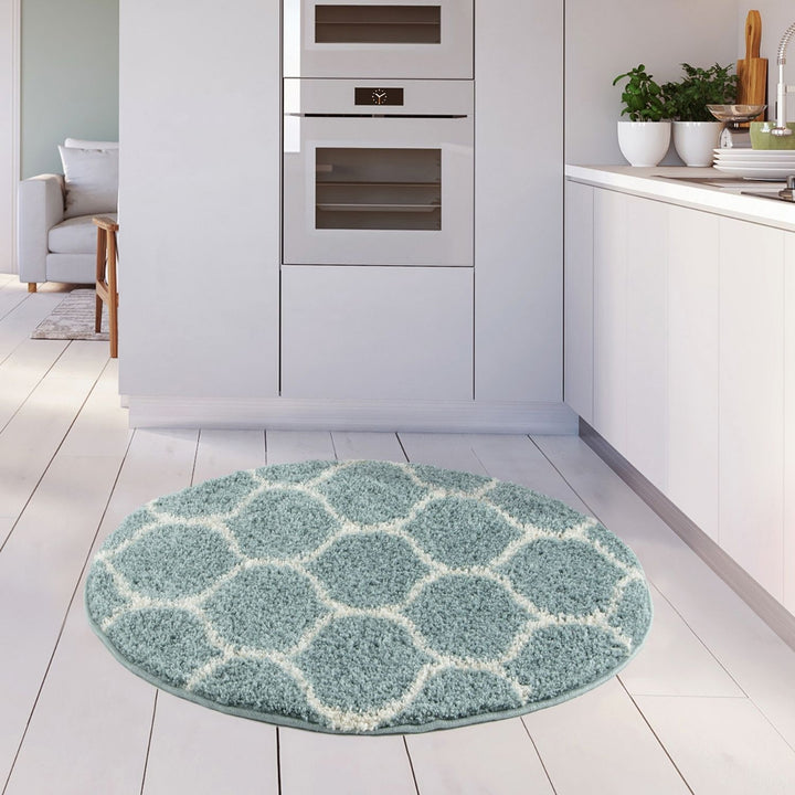 Trellis Design Thick Shaggy Area Rugs Duck Egg Blue