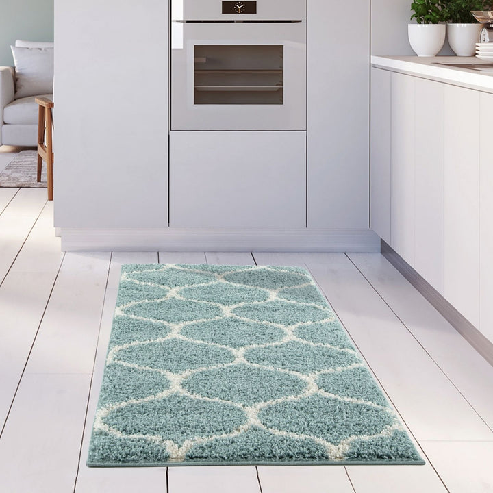 Trellis Design Thick Shaggy Area Rugs Duck Egg Blue