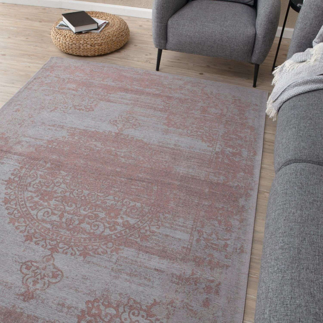 Machine Washable Flatweave Rug Medallion in Pink