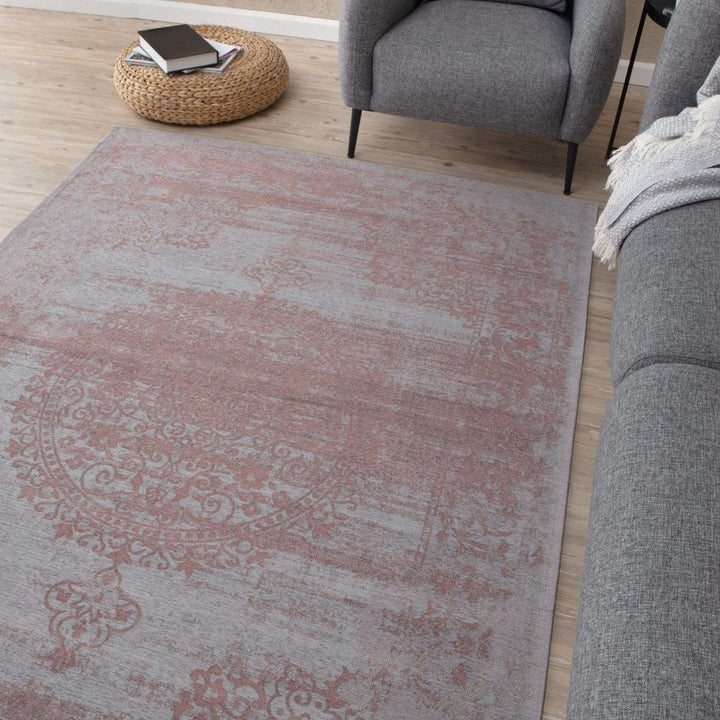 Machine Washable Flatweave Rug Medallion in Pink