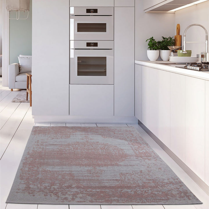 Machine Washable Flatweave Rug Medallion in Pink