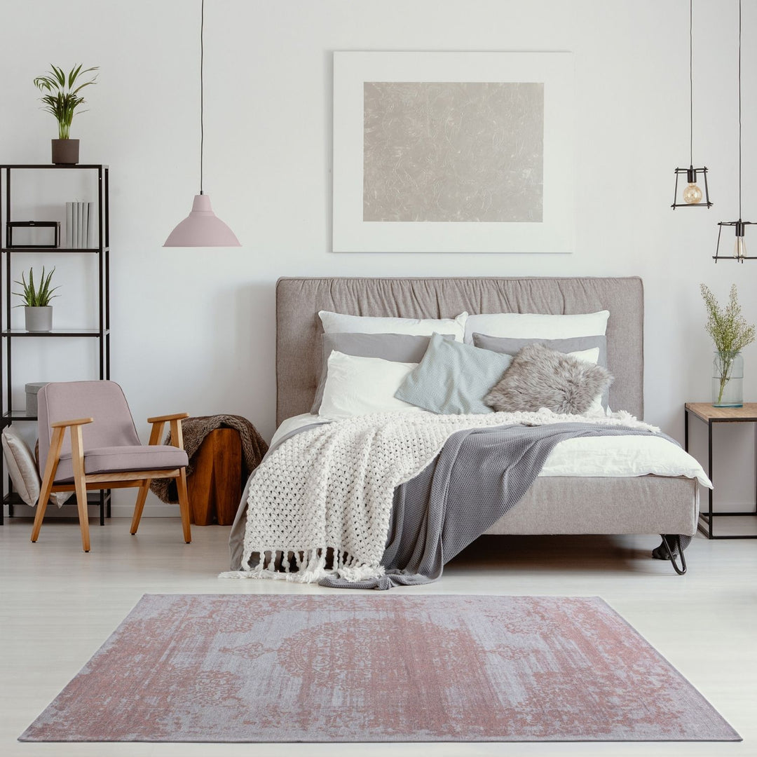 Machine Washable Flatweave Rug Medallion in Pink