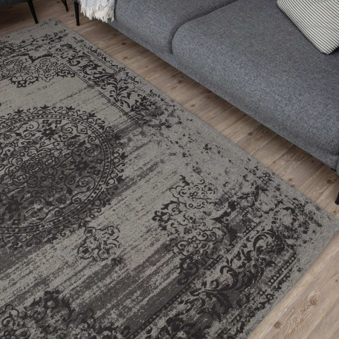 Machine Washable Flatweave Rug Medallion in Grey