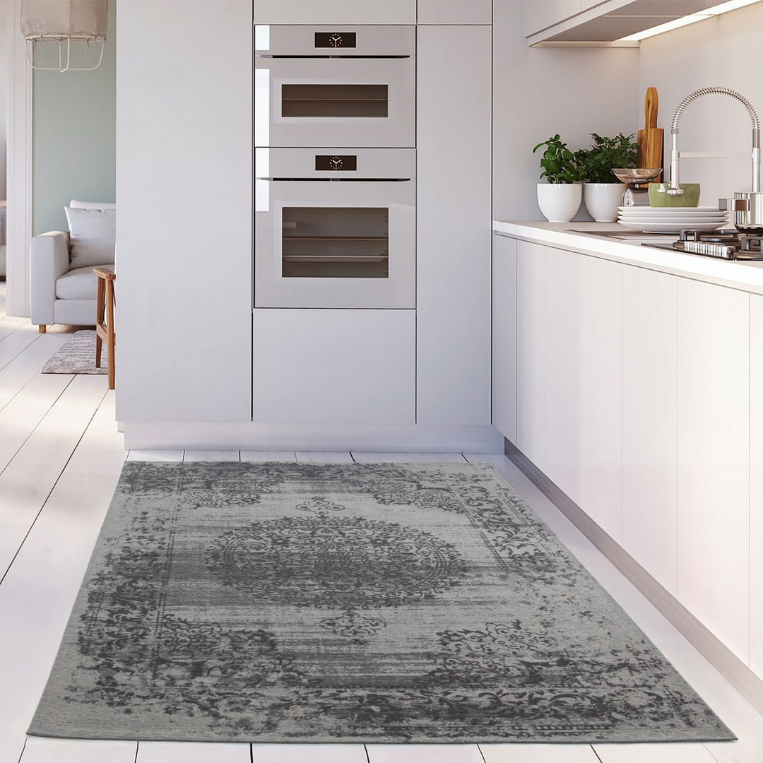 Machine Washable Flatweave Rug Medallion in Grey