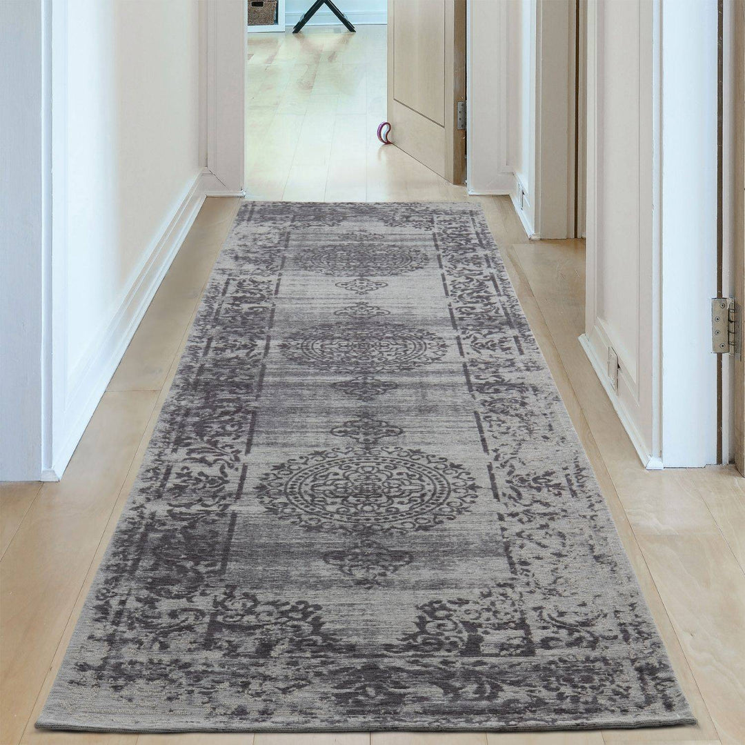 Machine Washable Flatweave Rug Medallion in Grey
