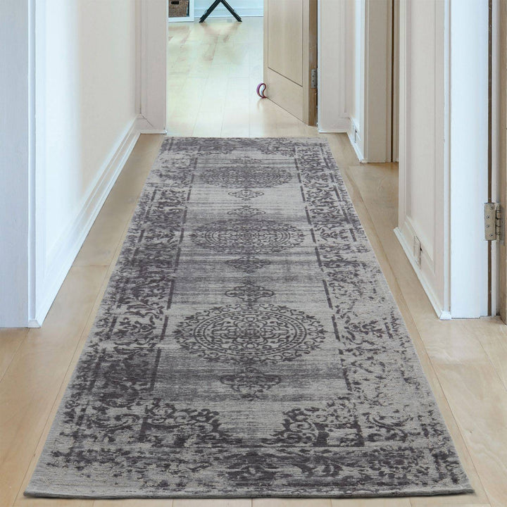 Machine Washable Flatweave Rug Medallion in Grey