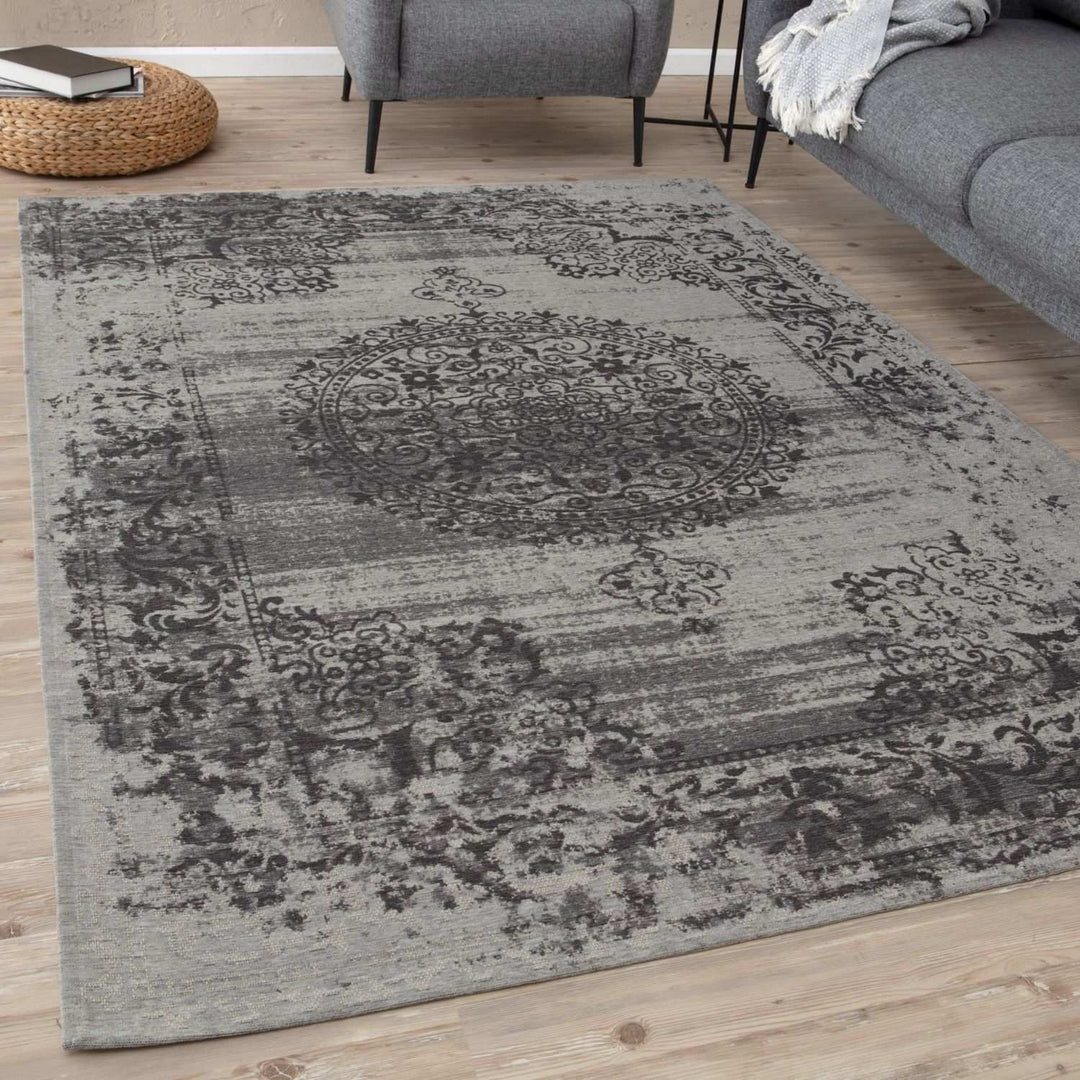 Machine Washable Flatweave Rug Medallion in Grey