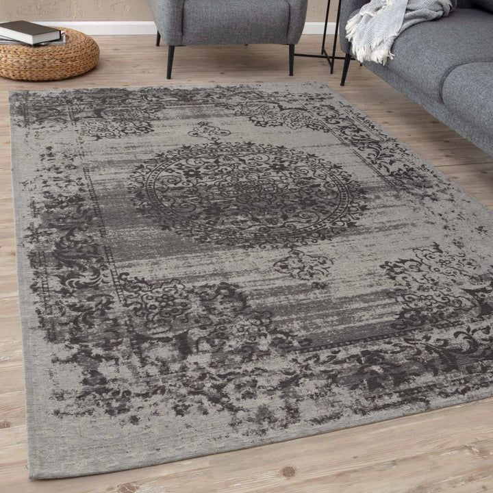 Machine Washable Flatweave Rug Medallion in Grey