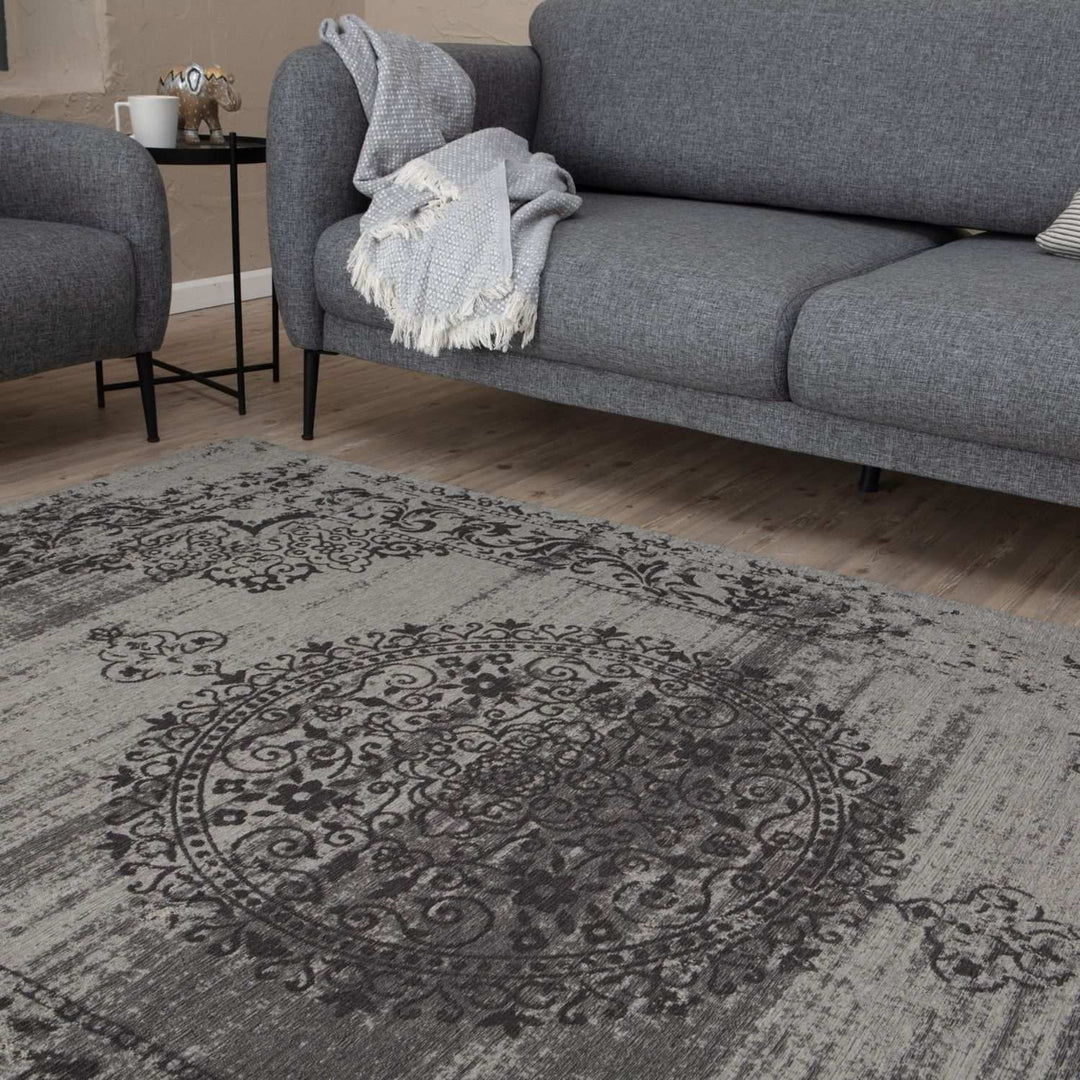 Machine Washable Flatweave Rug Medallion in Grey