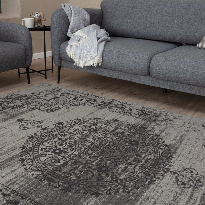 Machine Washable Flatweave Rug Medallion in Grey