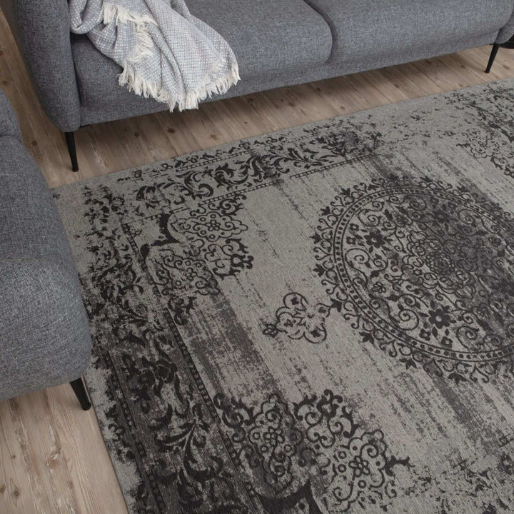 Machine Washable Flatweave Rug Medallion in Grey