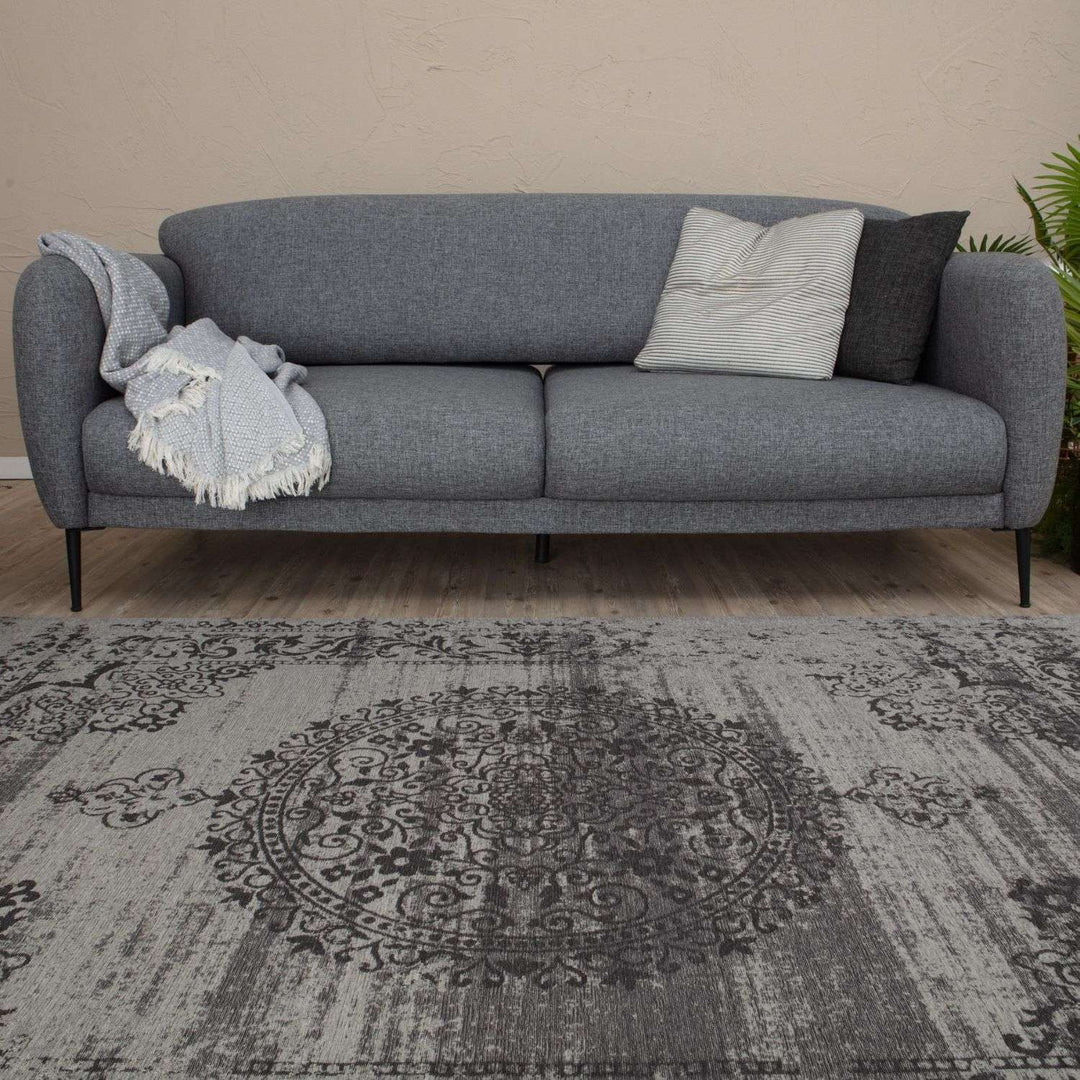 Machine Washable Flatweave Rug Medallion in Grey