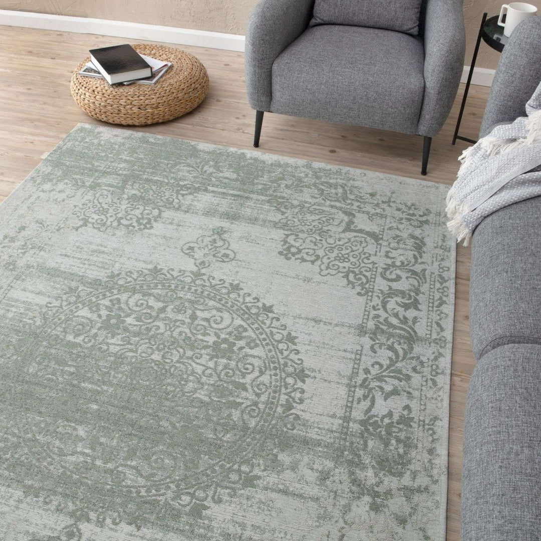 Machine Washable Flatweave Rug Medallion in Green 