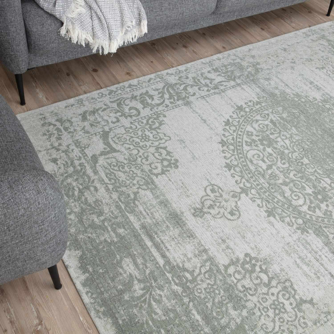 Machine Washable Flatweave Rug Medallion in Green 
